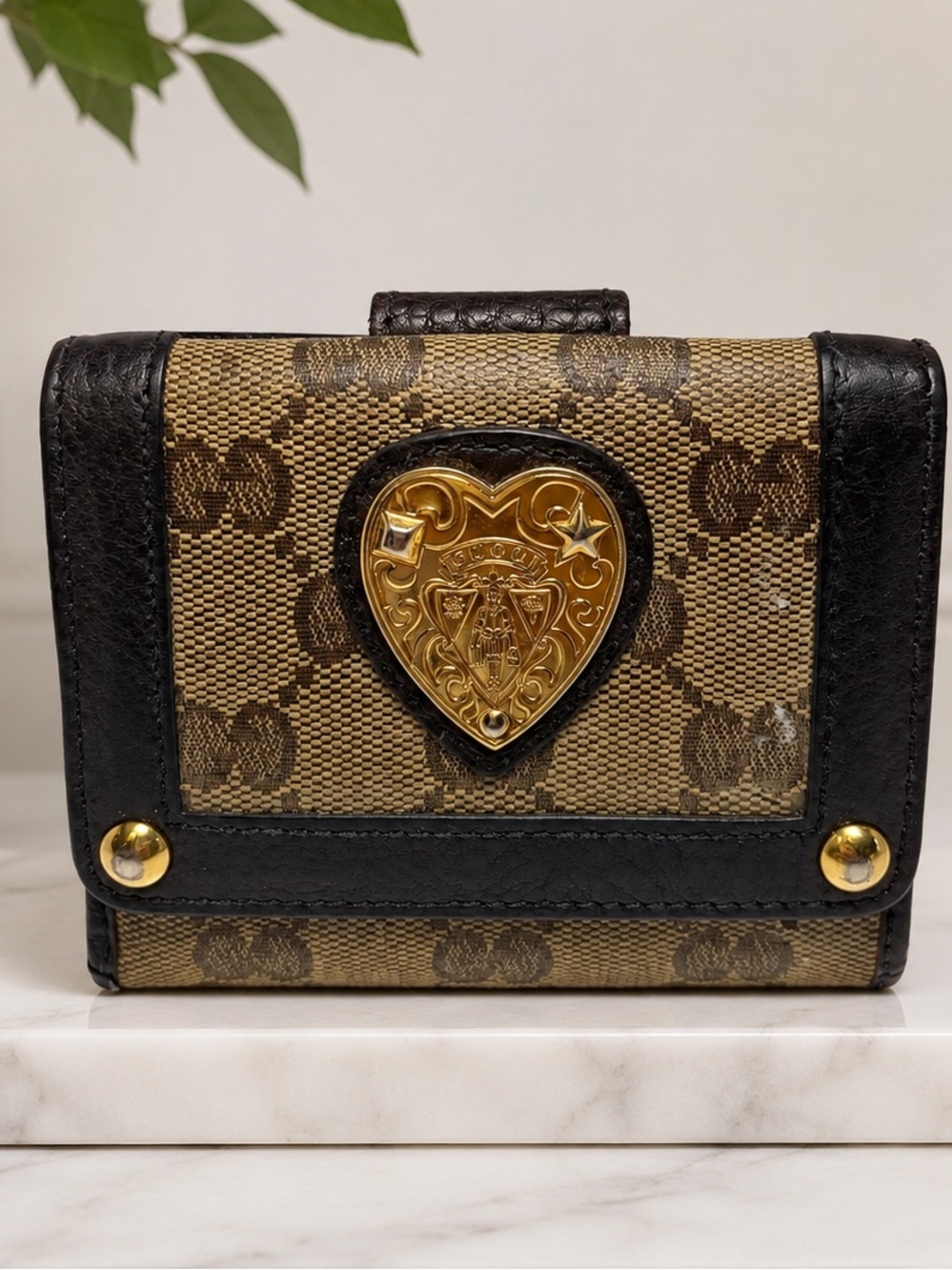 Gucci Monogram Heart-Emblem Compact Wallet - Brown & Black
